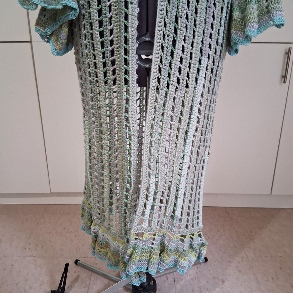 Light Green Mesh Boho Long Ruffle Edge Sweater Large xl - Picture 4 of 9